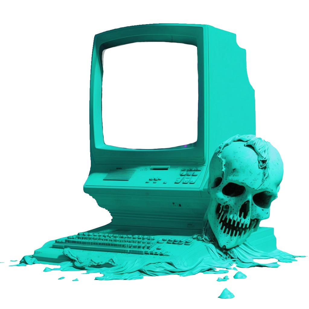 A light blue CRT monitor that appears melted with a skull stuck in the side